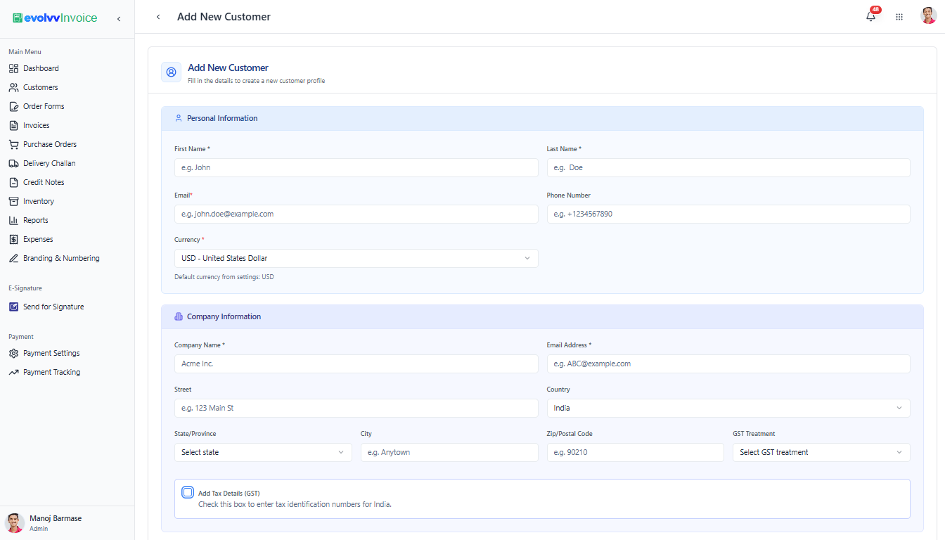 Adding Customer Personal and Company Info