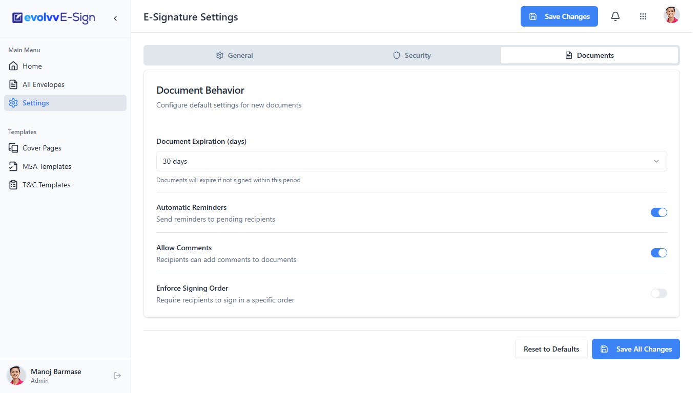 Configuring Default Document Behavior