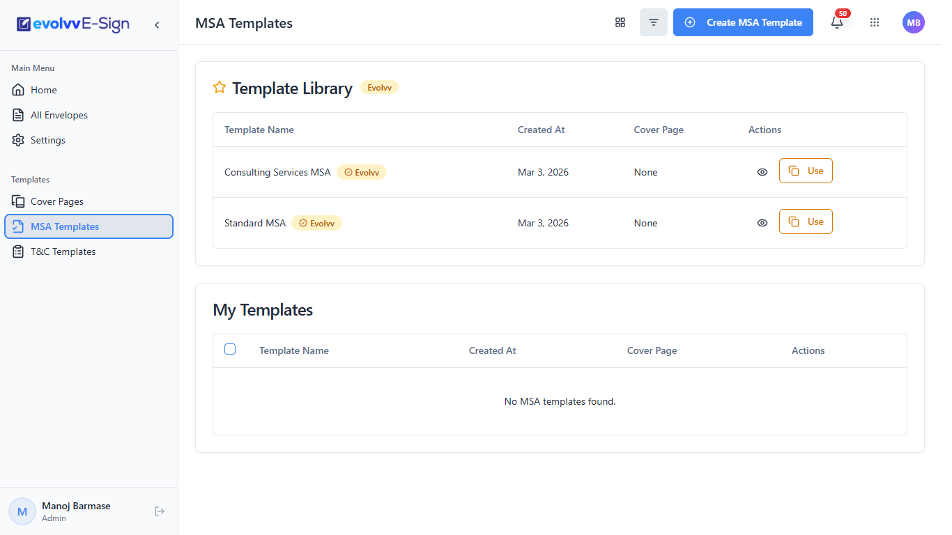 MSA Templates Dashboard and Library