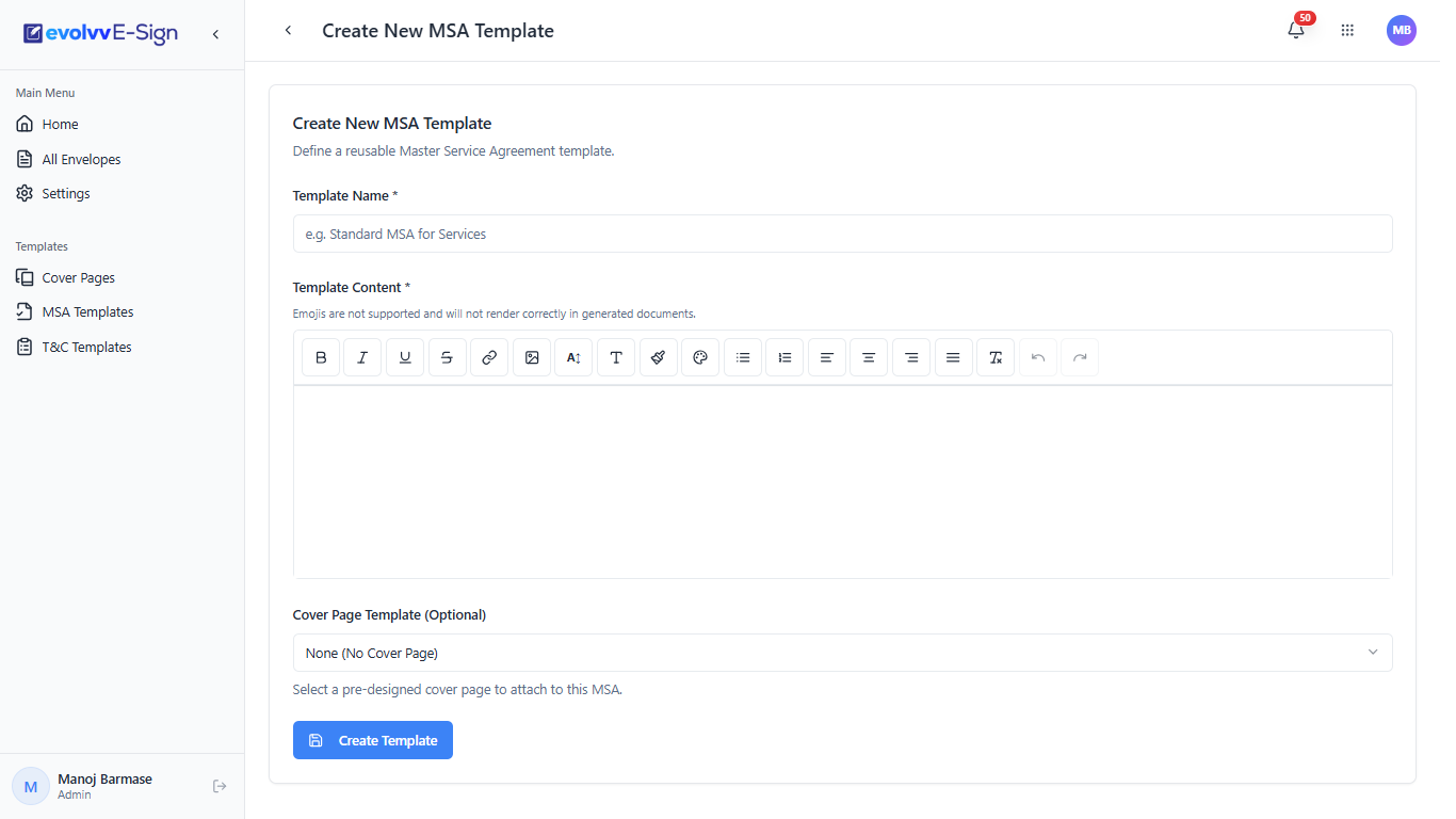 Create New MSA Template Form