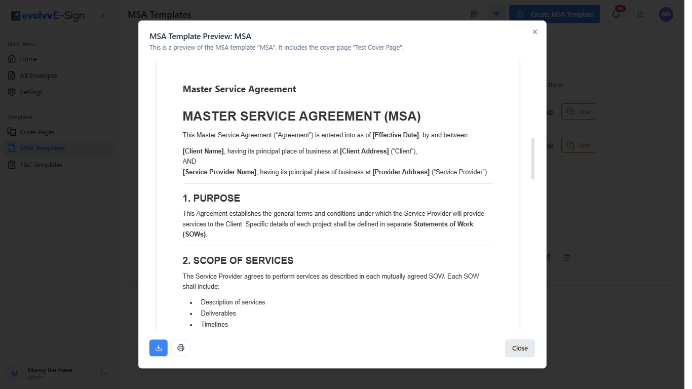 MSA Template Preview Modal