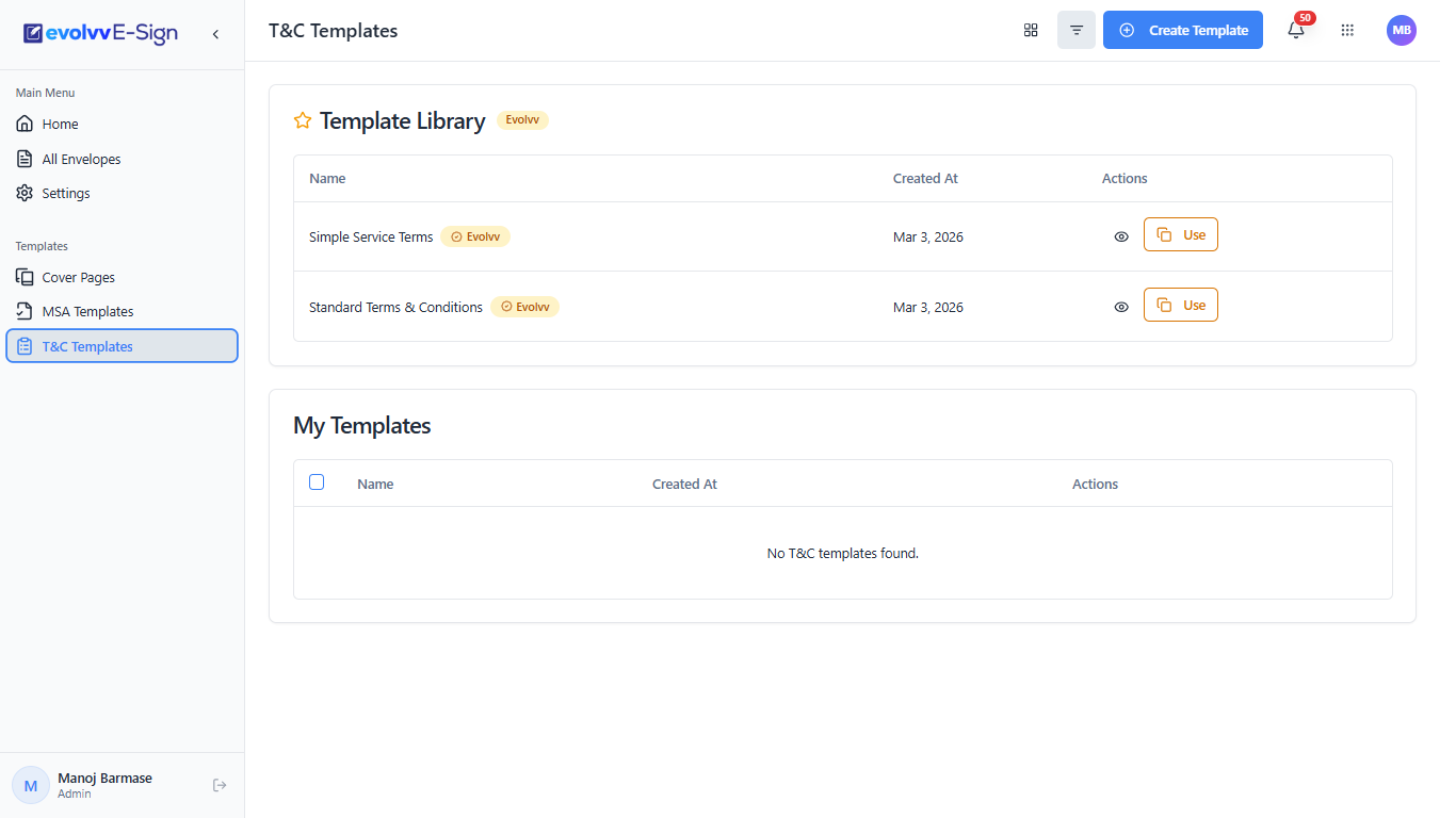 T&amp;C Templates Library Dashboard