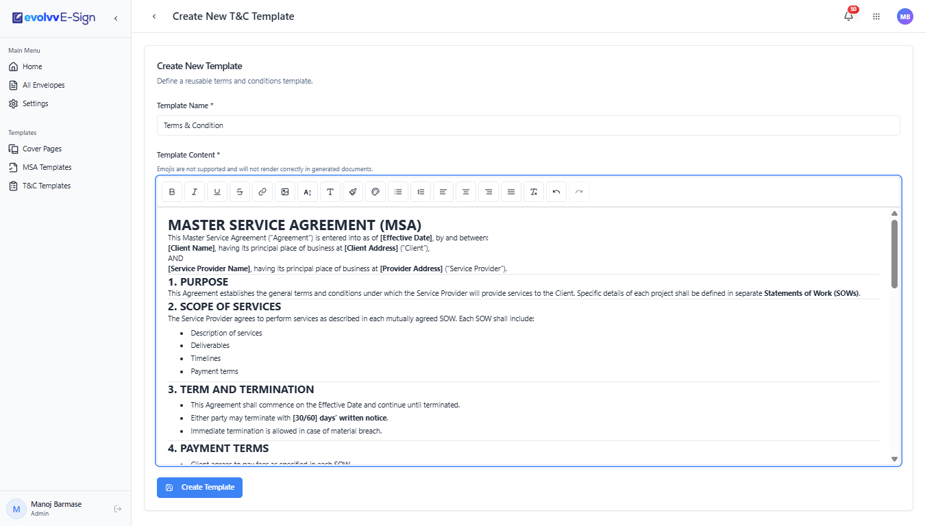 Create New T&amp;C Template Editor