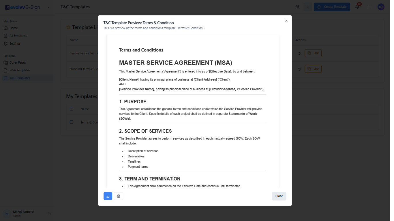 T&amp;C Template Preview Modal