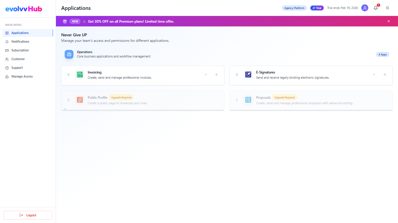 Evolvv Hub Main Dashboard Applications