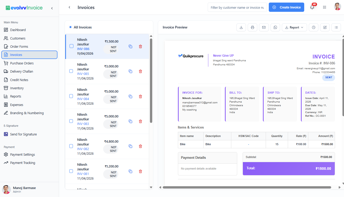Invoices Dashboard List View