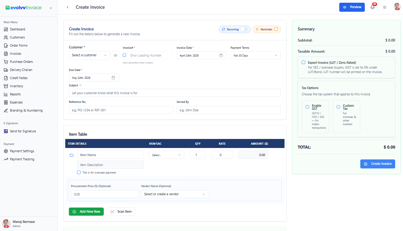 Generating a New Invoice