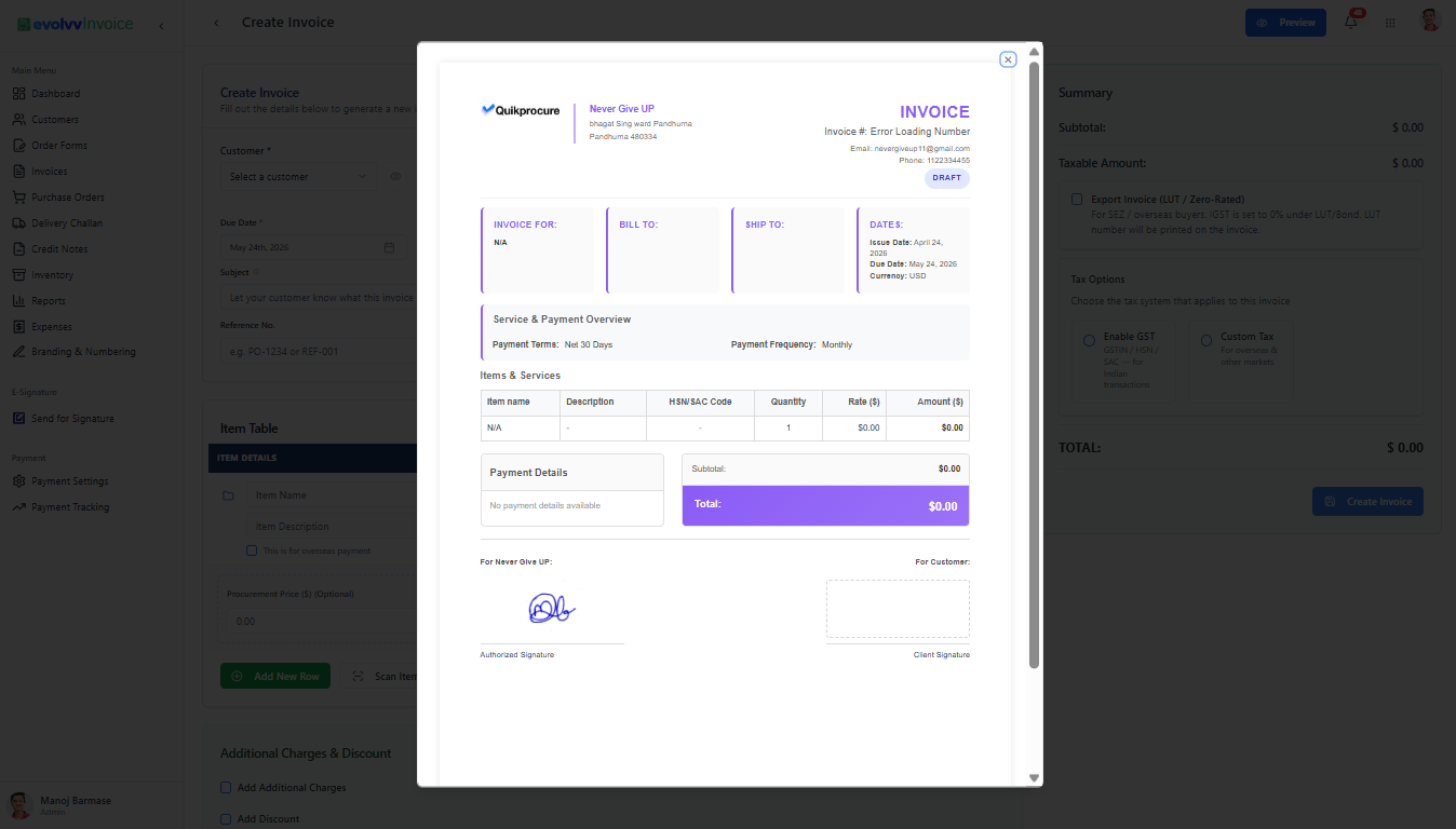 Preview and Finalize Invoice