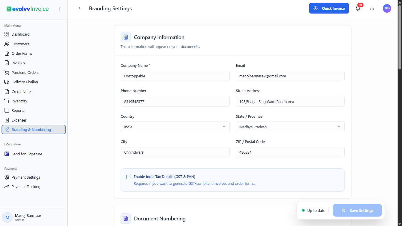 Company Information and Tax Settings