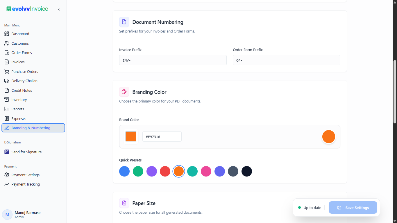 Document Numbering and Branding Color