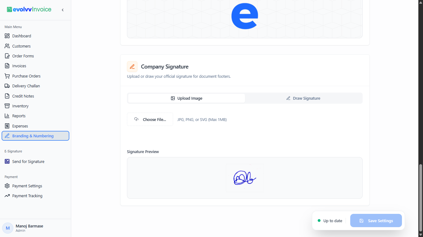 Company Signature Upload and Draw