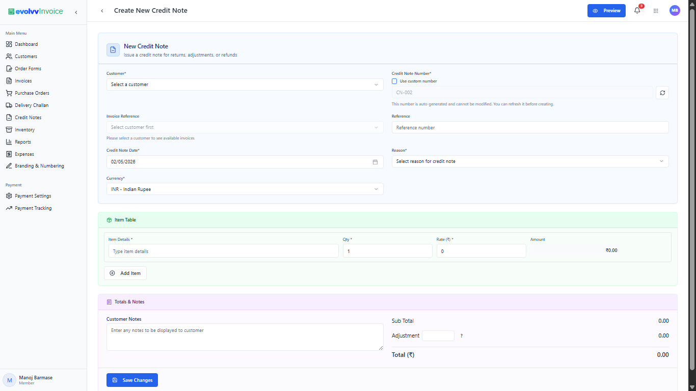 Create New Credit Note Form