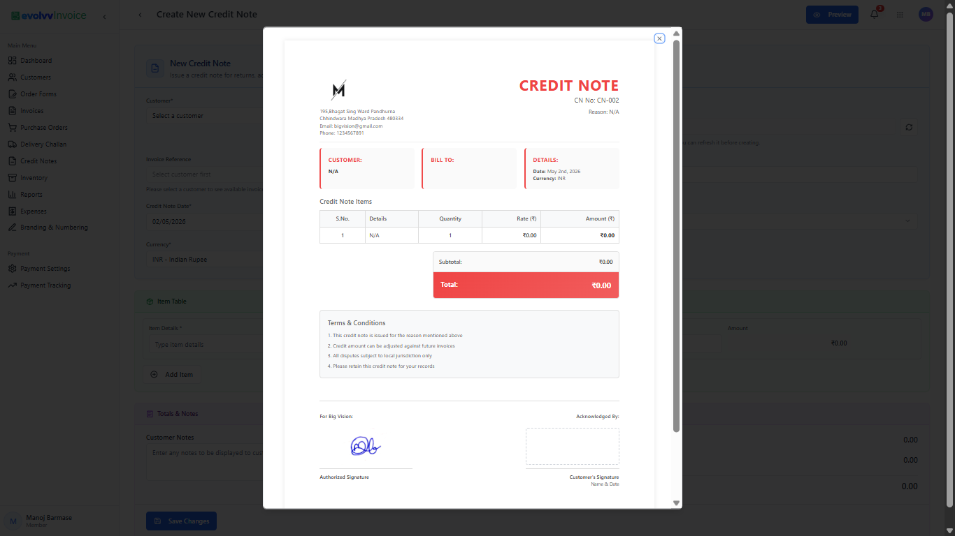 Credit Note Preview Modal