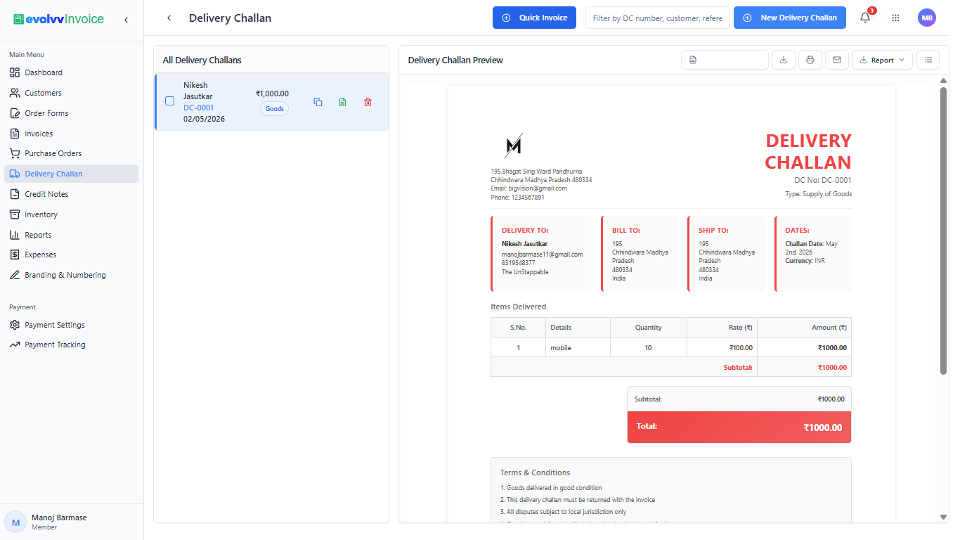 Delivery Challan Dashboard