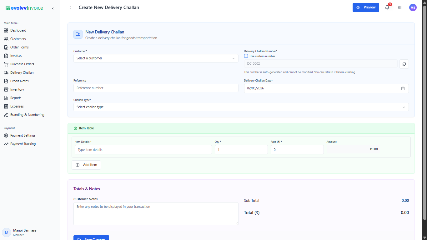 Create New Delivery Challan Form