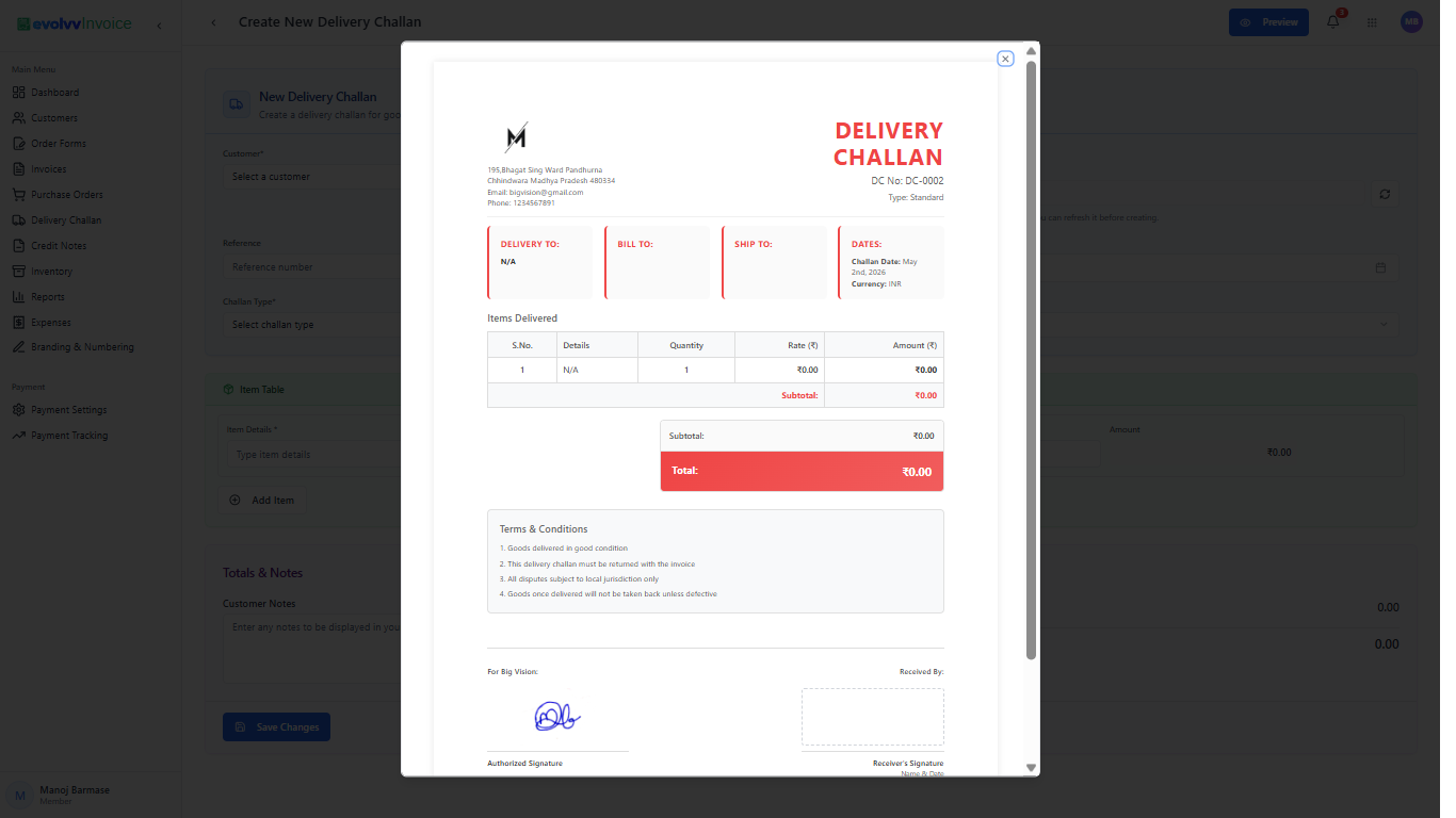 Delivery Challan Preview Modal