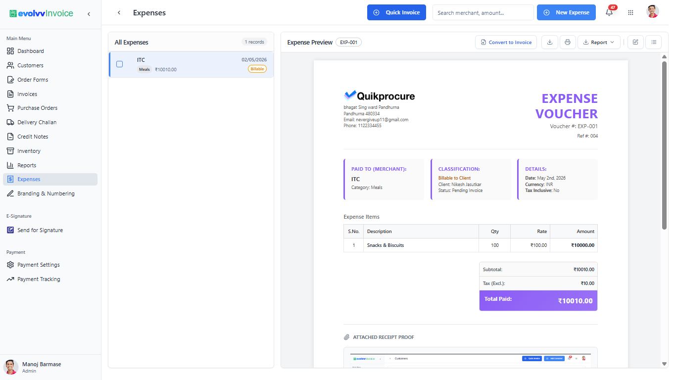 Evolvv Expenses Dashboard List View