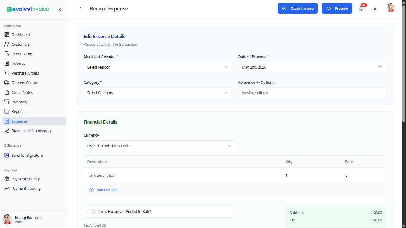 Record Expense - Merchant and Financials