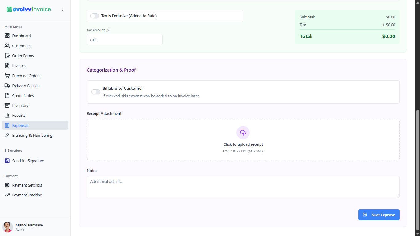 Record Expense - Proof and Billable Settings