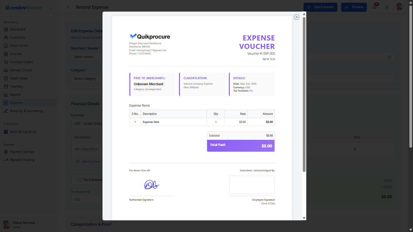 Expense Voucher Preview Modal