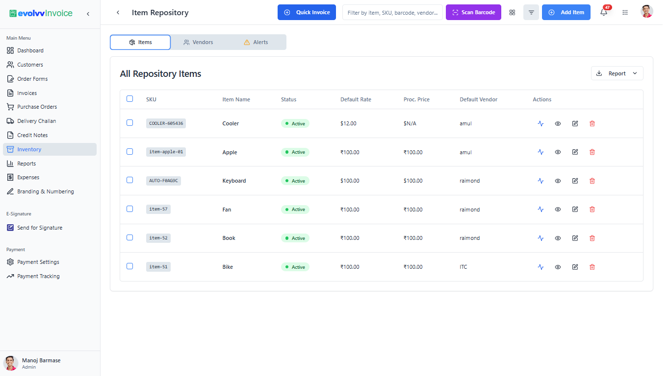 Item Repository List View Dashboard