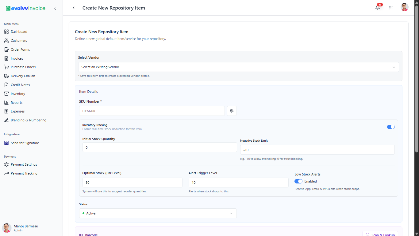 Create New Item Top - Stock Limits and Alerts