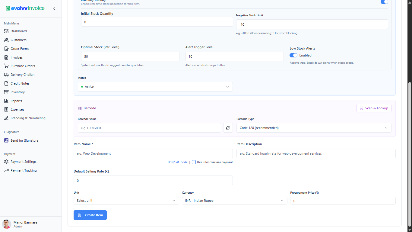 Create New Item Bottom - Barcodes and Pricing