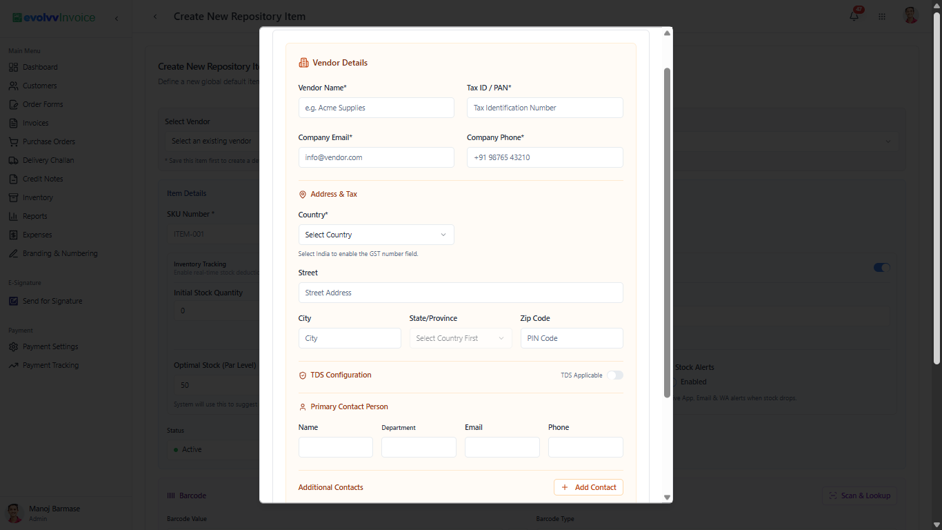 Vendor Details Modal Form