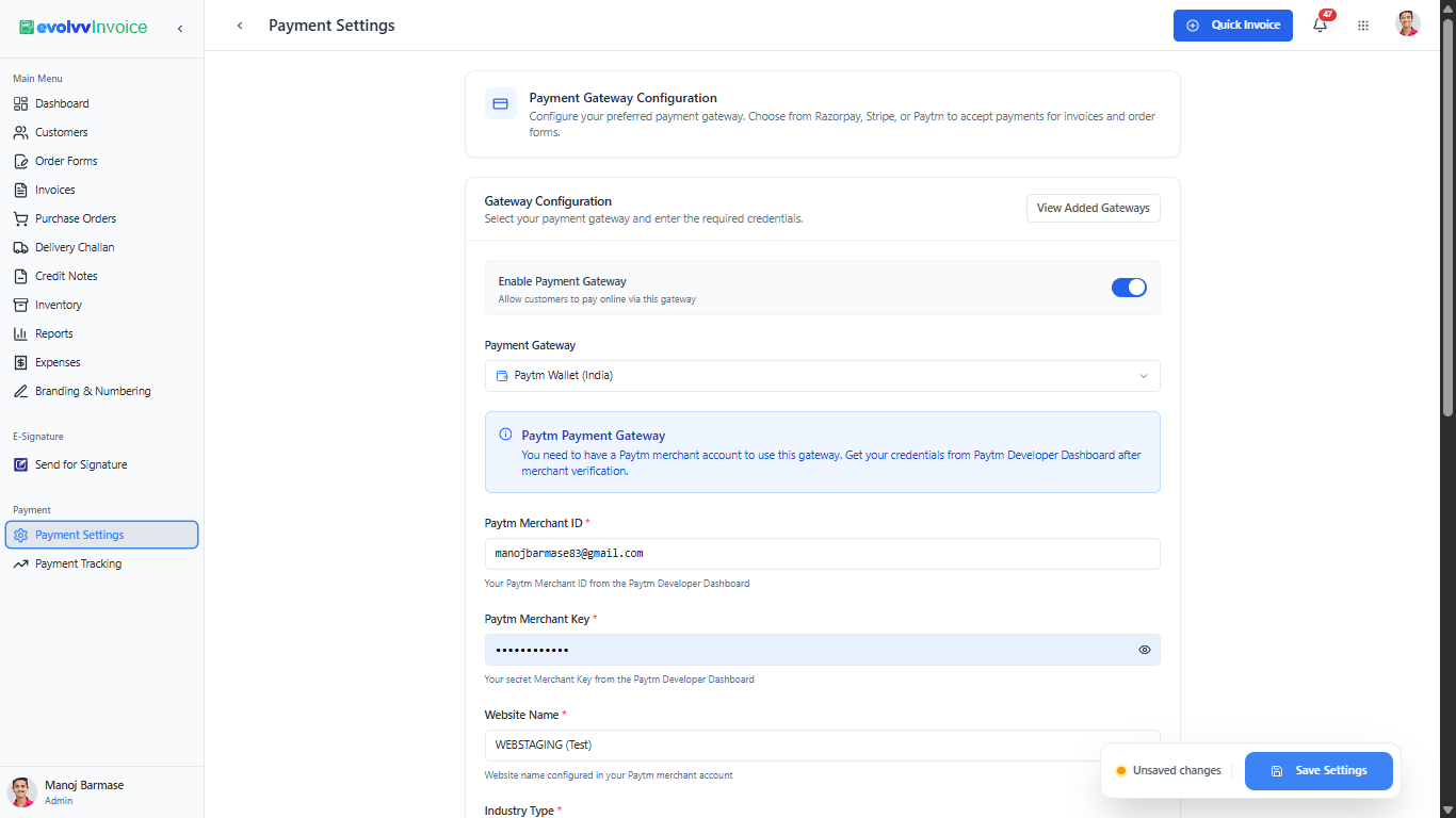 Payment Gateway Configuration Top Section
