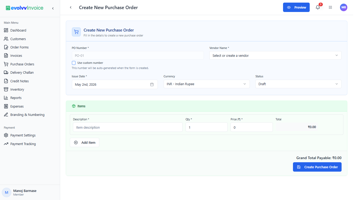 Create New Purchase Order Form