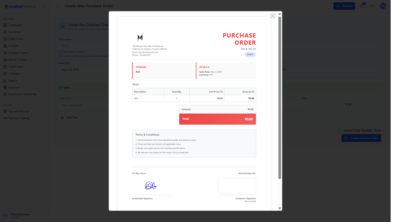 Purchase Order Preview Modal