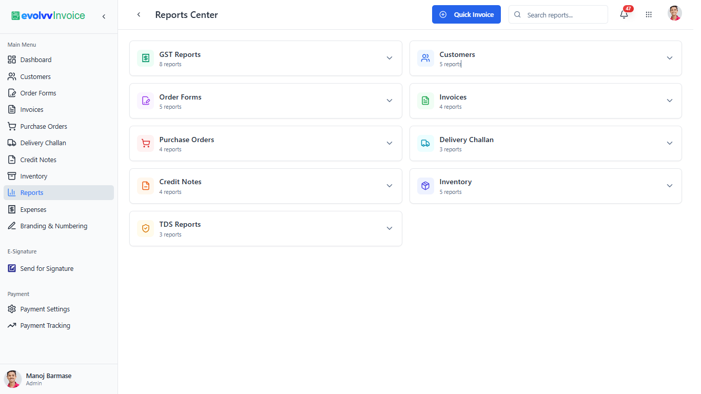 Evolvv Reports Center Dashboard