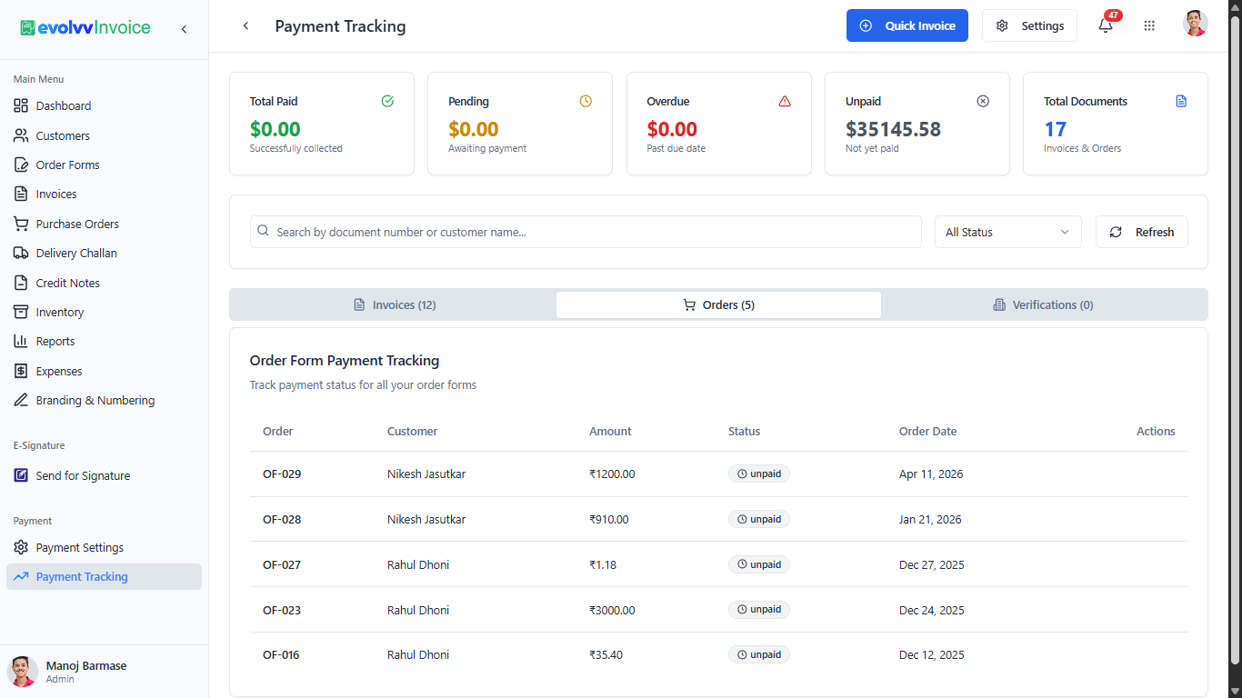 Order Form Payment Tracking