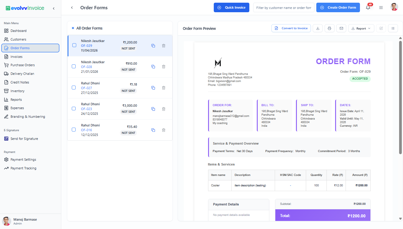 Order Forms Dashboard