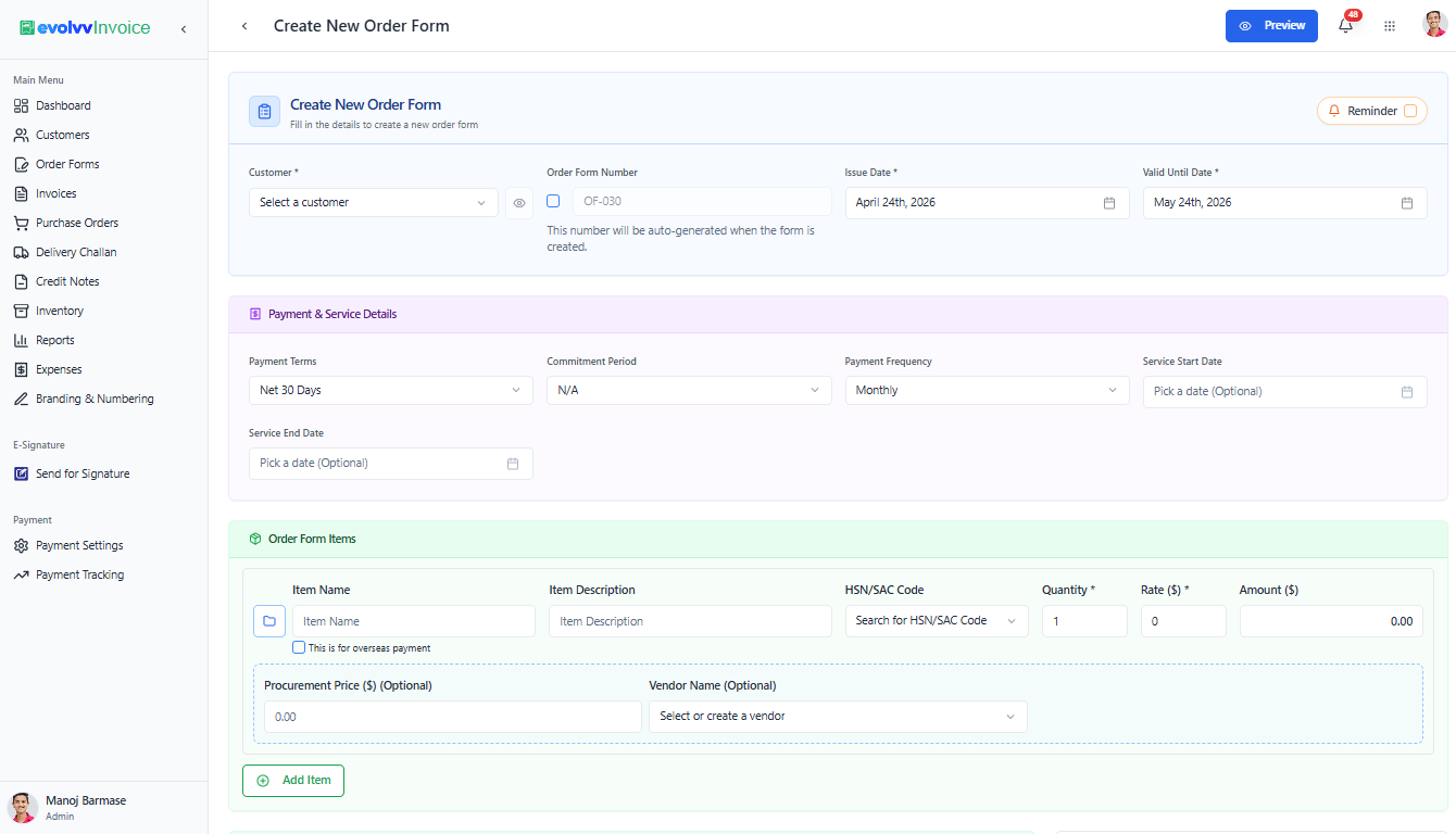 Creating a New Order Form
