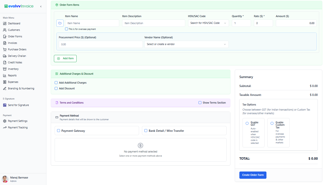 Adding Items and Taxes