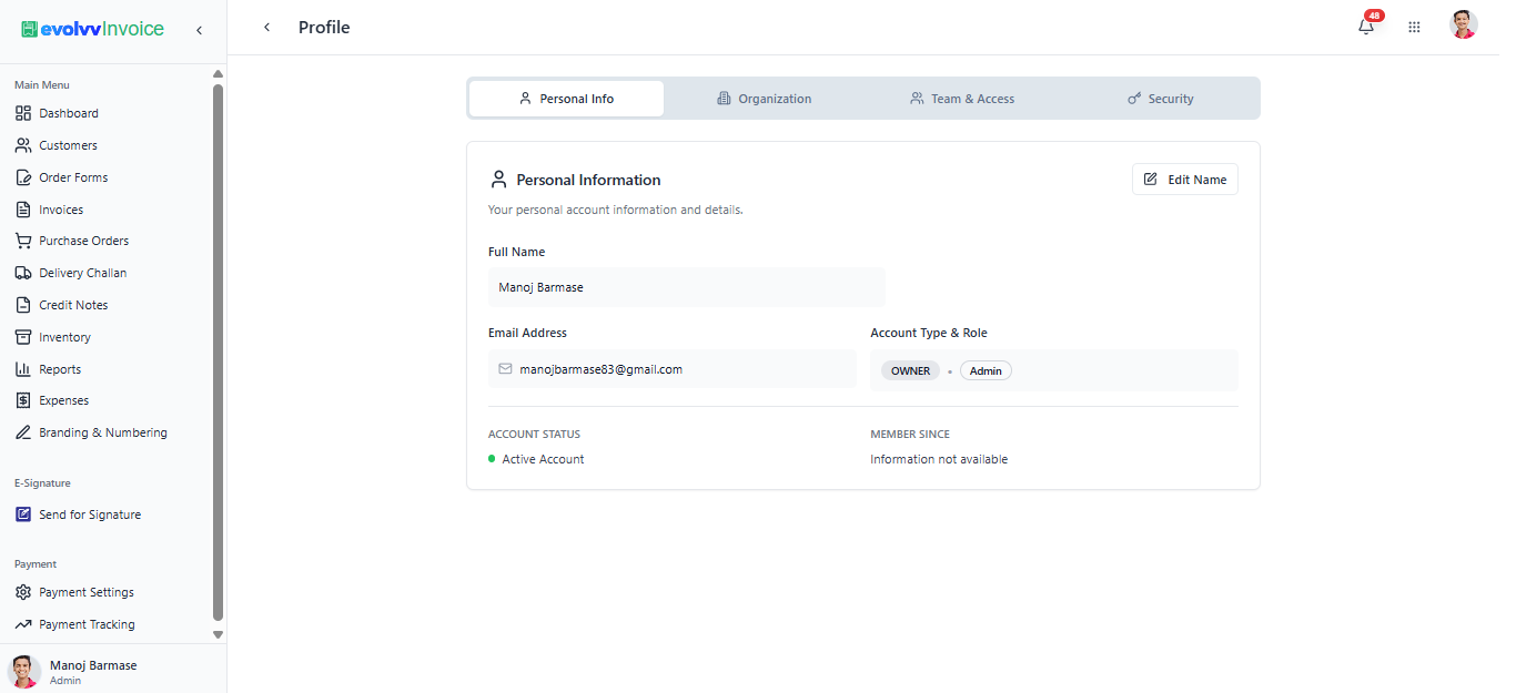 Personal Info Settings